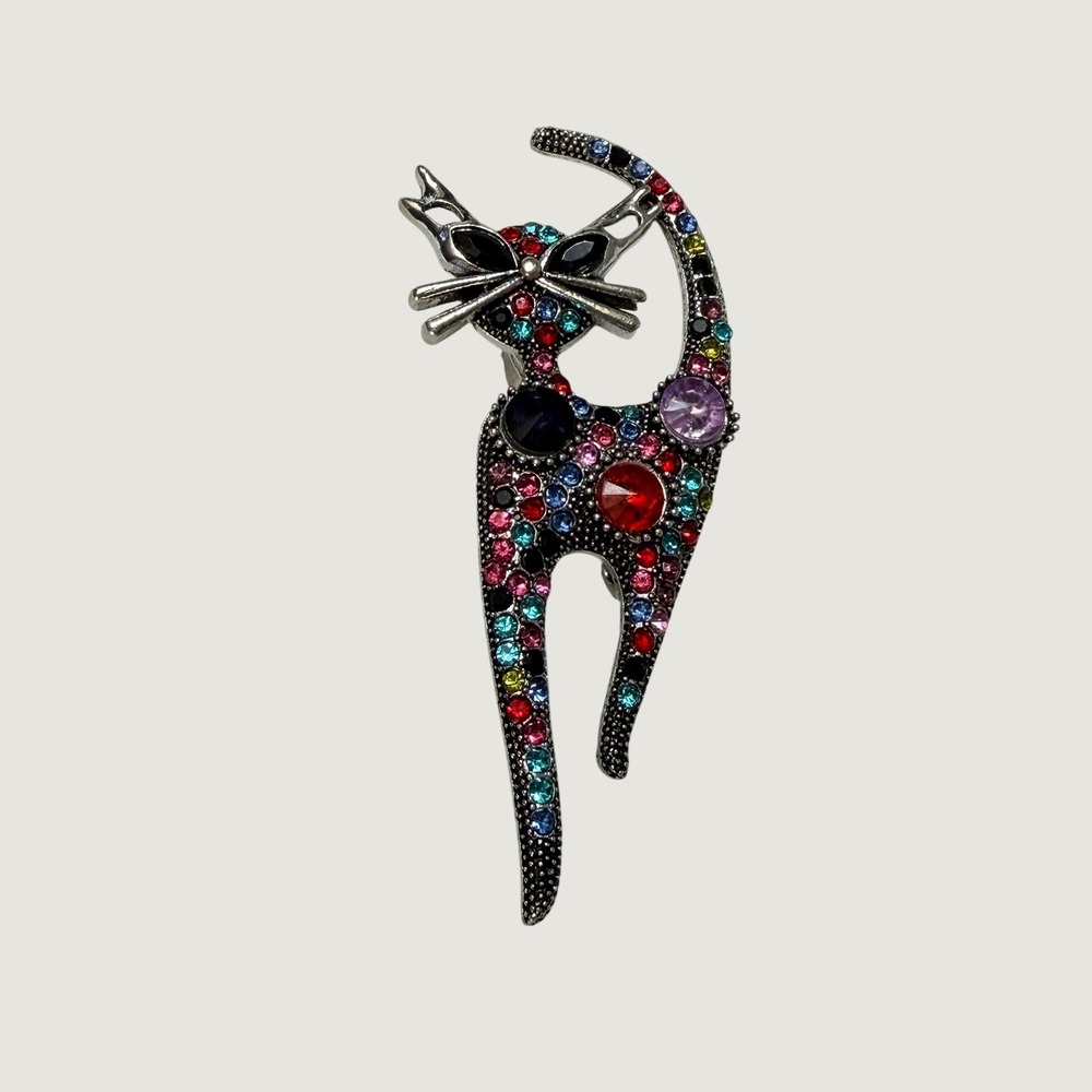 Vintage Style Silver Tone Multi Color Rhinestone Cat Brooch Pin Feline Jewelry